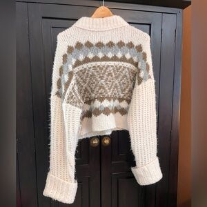 Free People Cream Cropped Fair Isle Crew Sweater with Brown and Gray Pattern